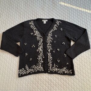 Vintage 90s Cottagecore Grandma Chic Cardigan Sz XL Floral Ribbon Embellishment